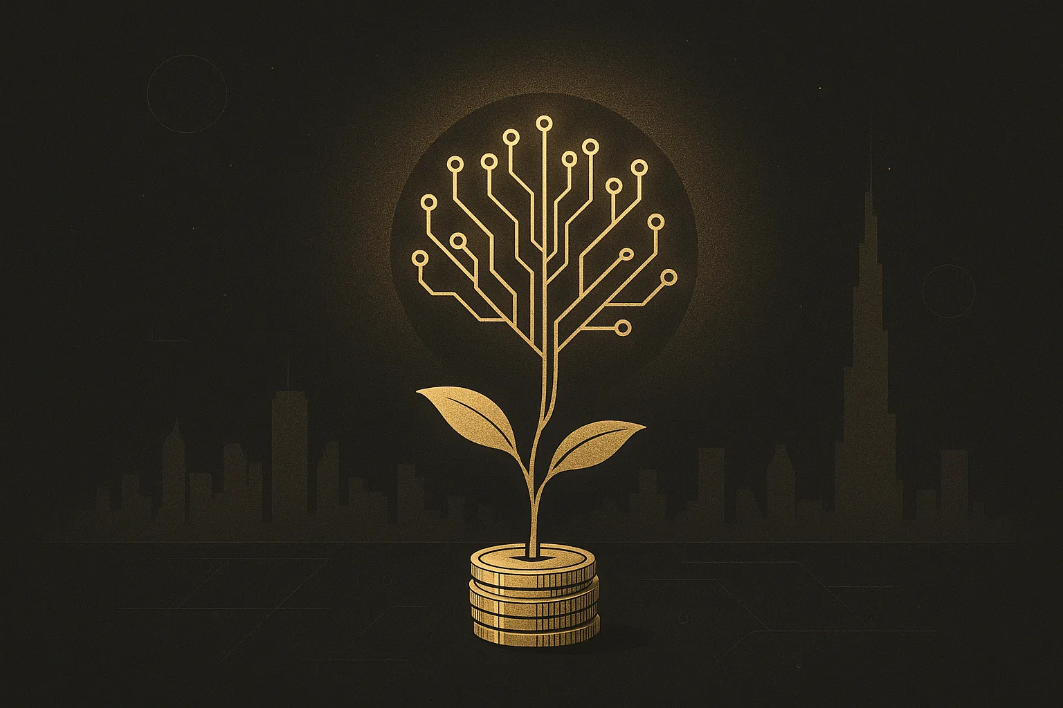 A seedling growing from gold coins into a circuit-board tree beside the Dubai skyline — bootstrapped Iranian tech founder in Dubai