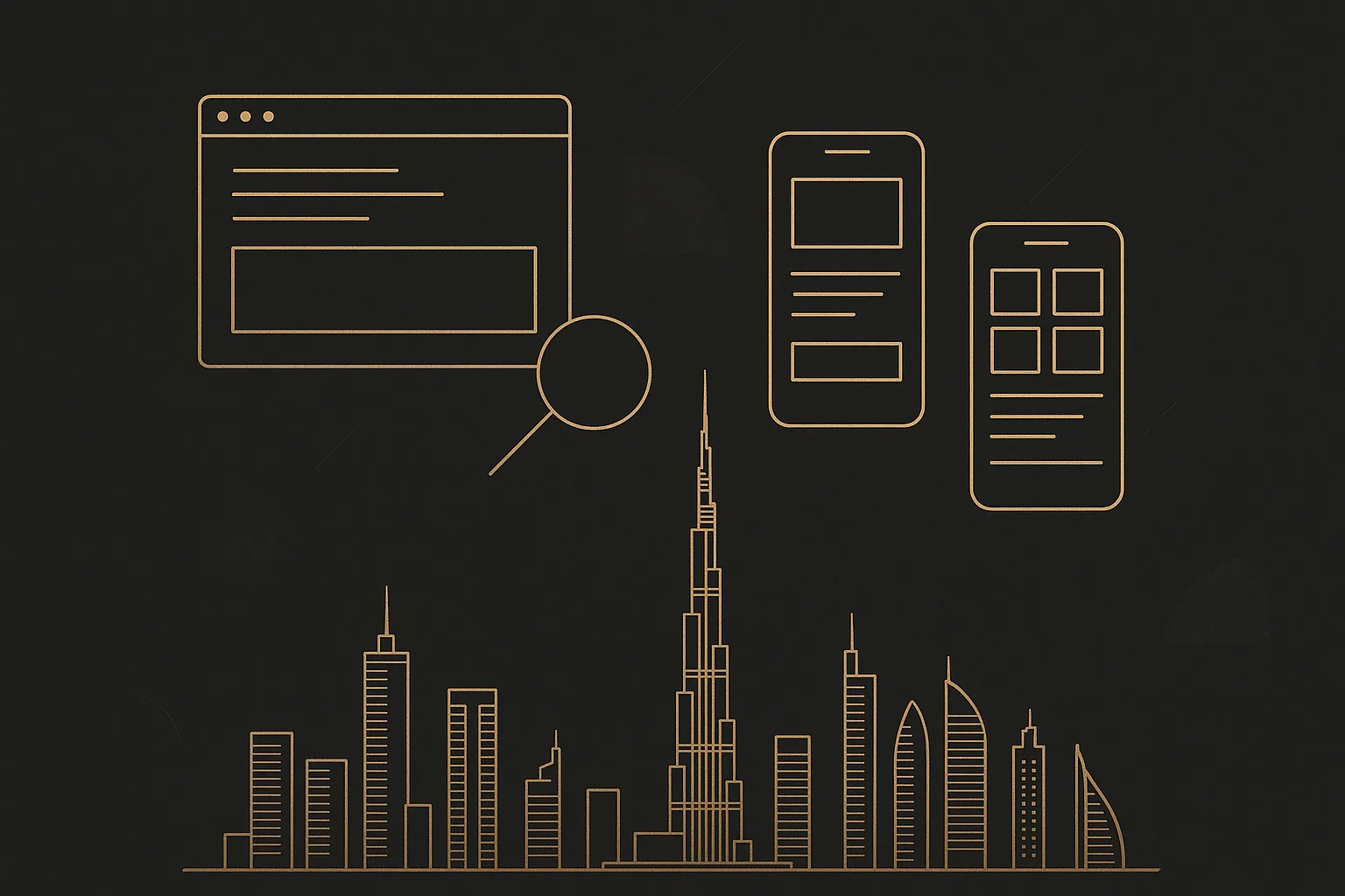 Gold wireframe browser and mobile screens above the Dubai skyline — choosing a web development company in Dubai