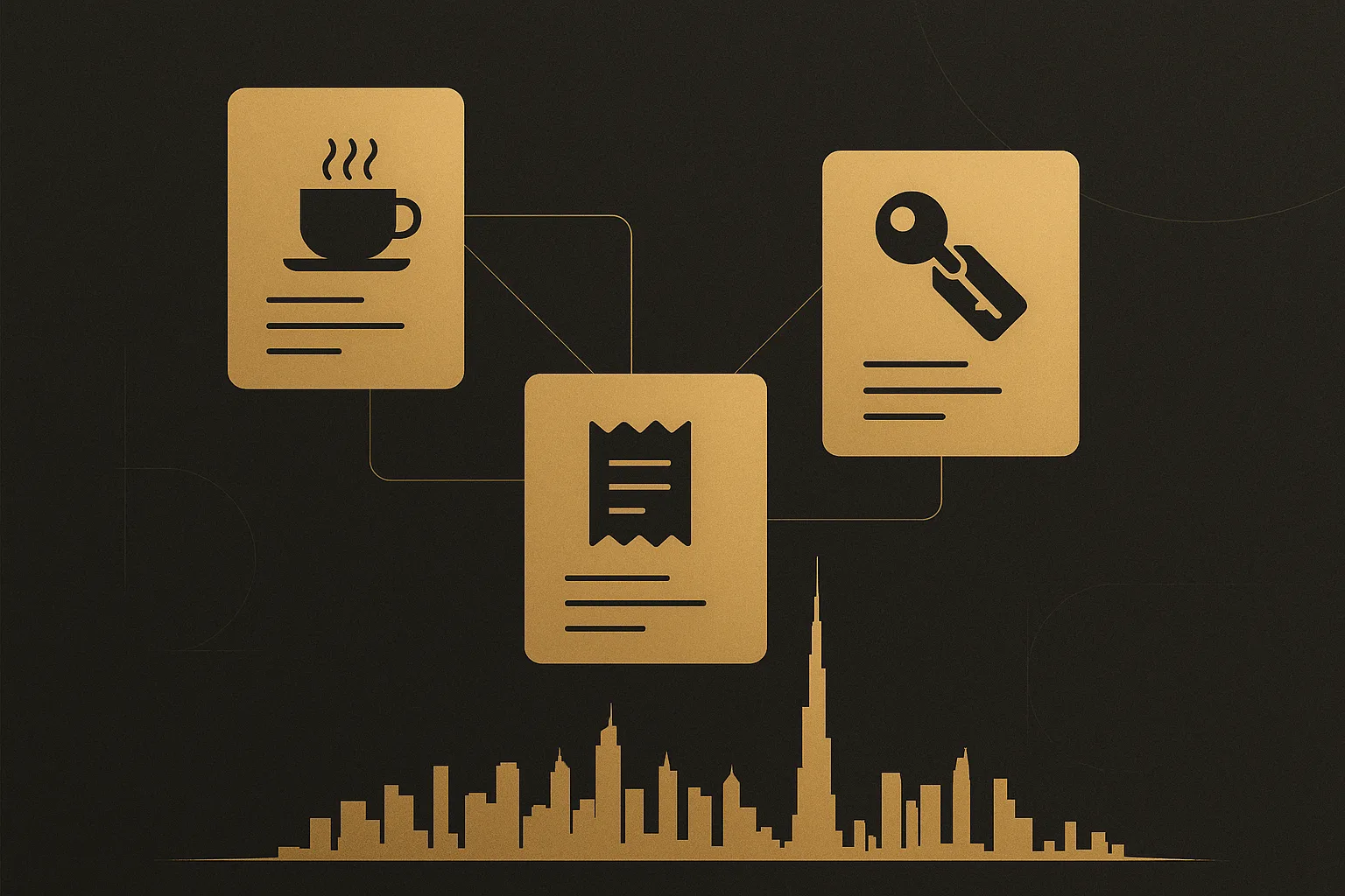Gold software cards for restaurants and hotels connected above the Dubai skyline — SaaS built for the UAE by an Iranian tech founder