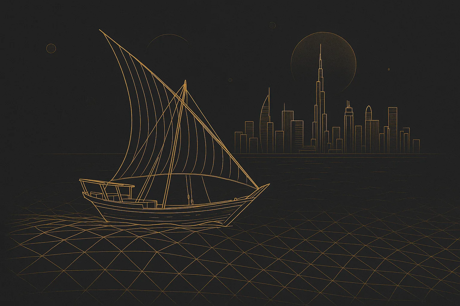 A traditional dhow sailing toward the Dubai skyline over a gold network grid — why Iranian tech founders choose Dubai