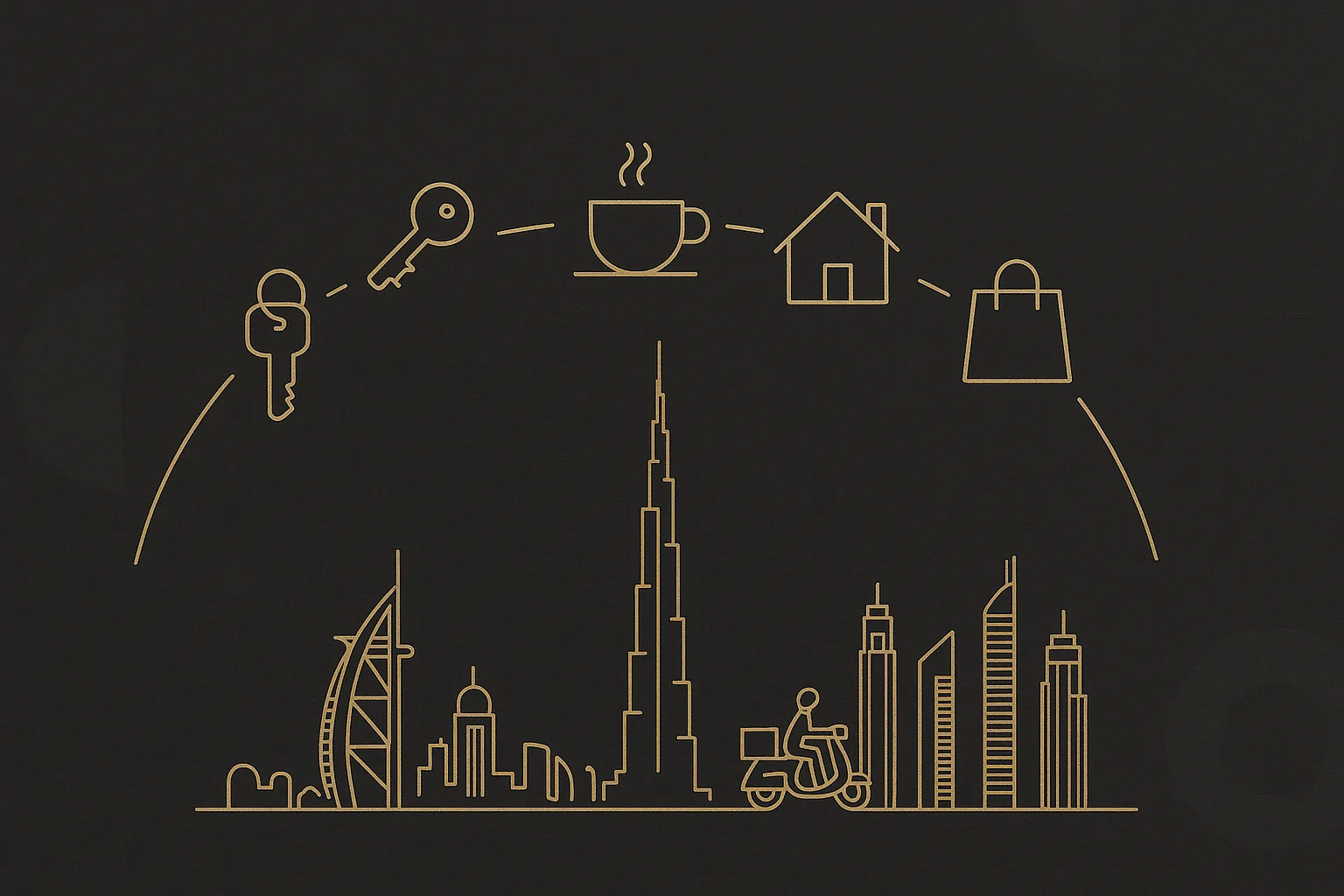Five gold icons — hotel key, coffee cup, house, scooter, shopping bag — above the Dubai skyline: industries for Iranian founders in Dubai