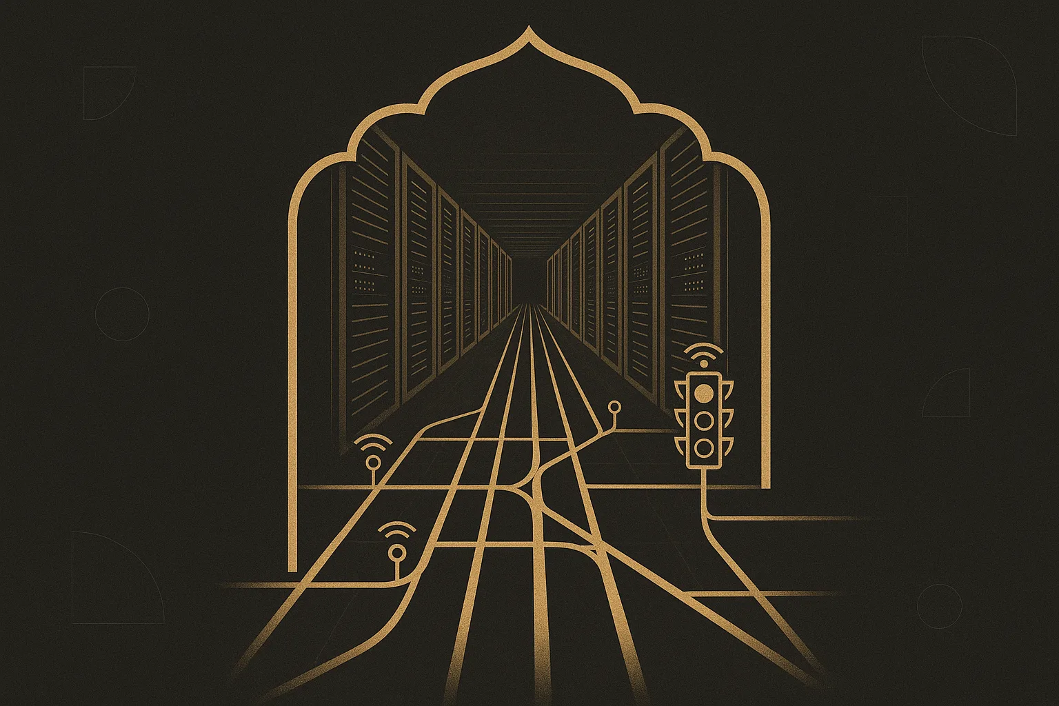 Server-room corridor whose gold data streams become a traffic map beneath a Persian arch — enterprise software lessons from an Iranian tech founder