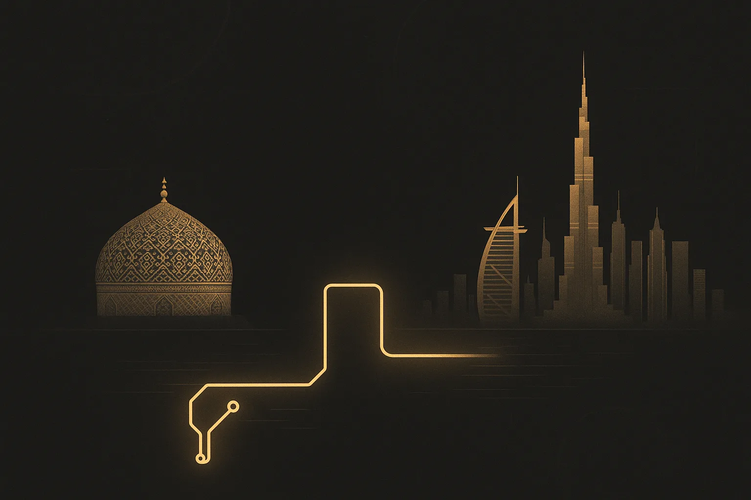 Gold circuit line connecting a Persian dome in Isfahan to the Dubai skyline — Amir Erfani, Iranian tech founder in Dubai