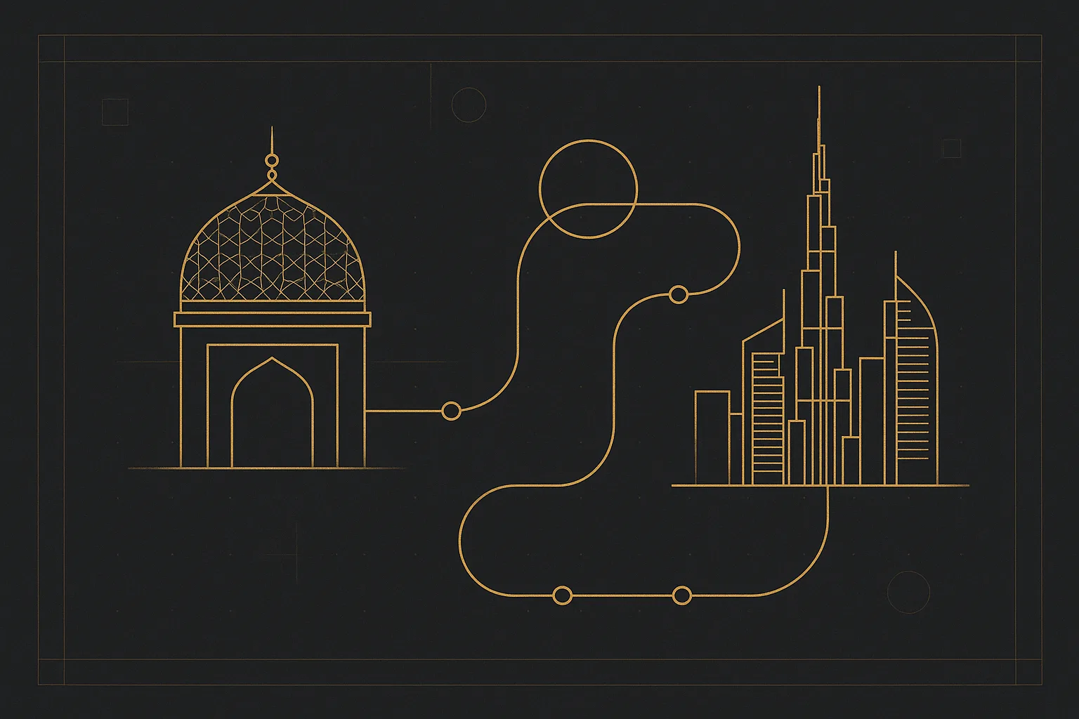 Blueprint-style gold roadmap from a Persian dome to the Dubai skyline with numbered waypoints — startup guide for an Iranian entrepreneur in Dubai