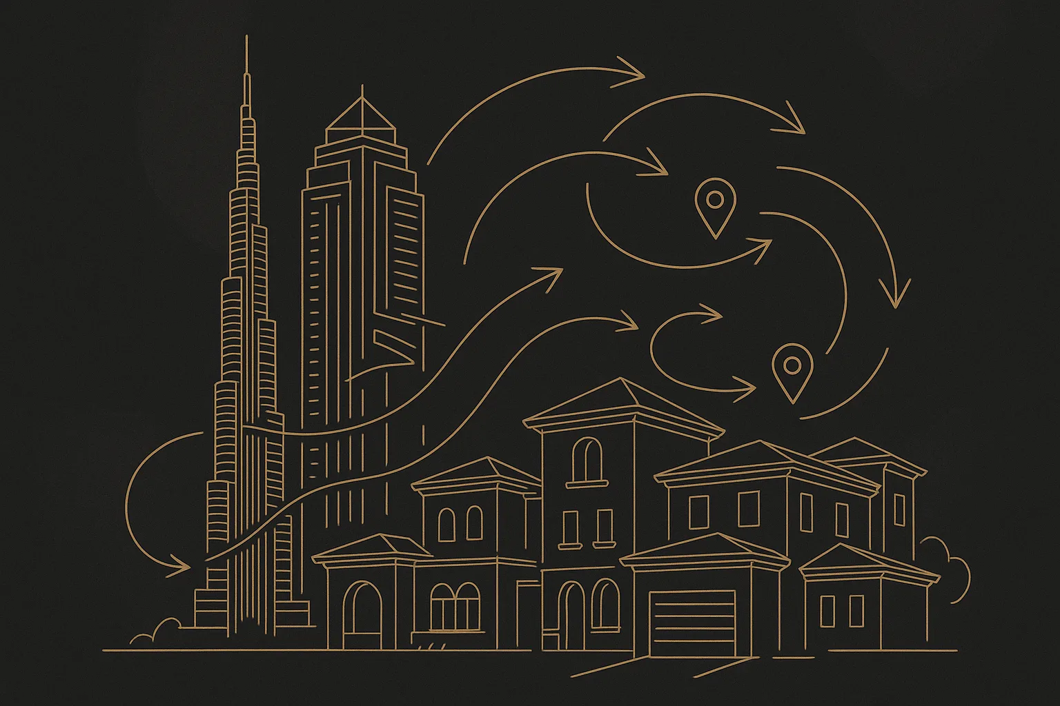 Dubai towers and villas in gold line art with sales pipeline arrows — Dubai real-estate automation case study