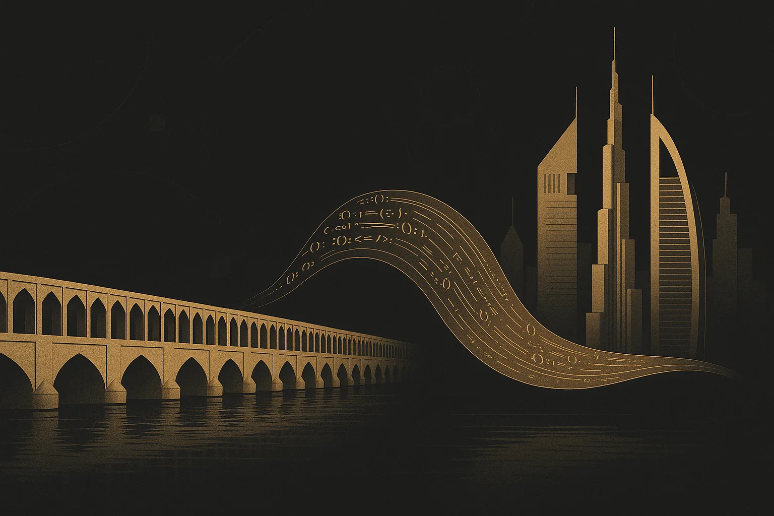 The Si-o-se-pol bridge of Isfahan with a gold stream of code flowing to Dubai towers — the cross-border team model