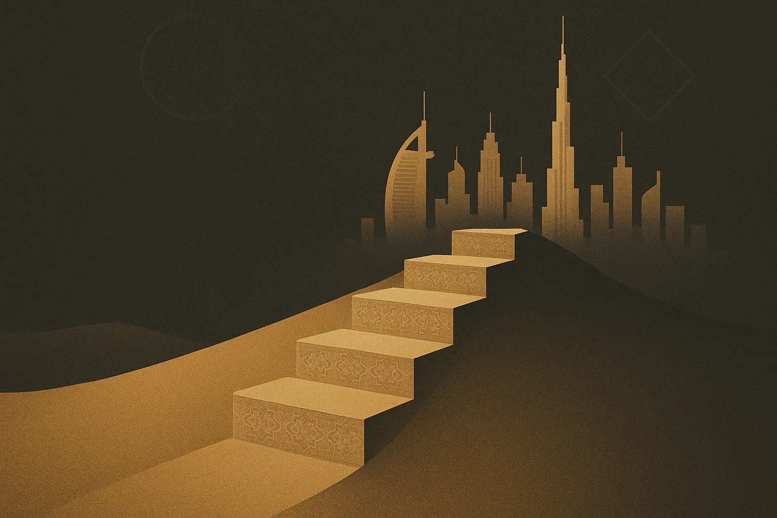Five golden steps with Persian patterns rising toward the Dubai skyline — lessons for an Iranian entrepreneur in Dubai